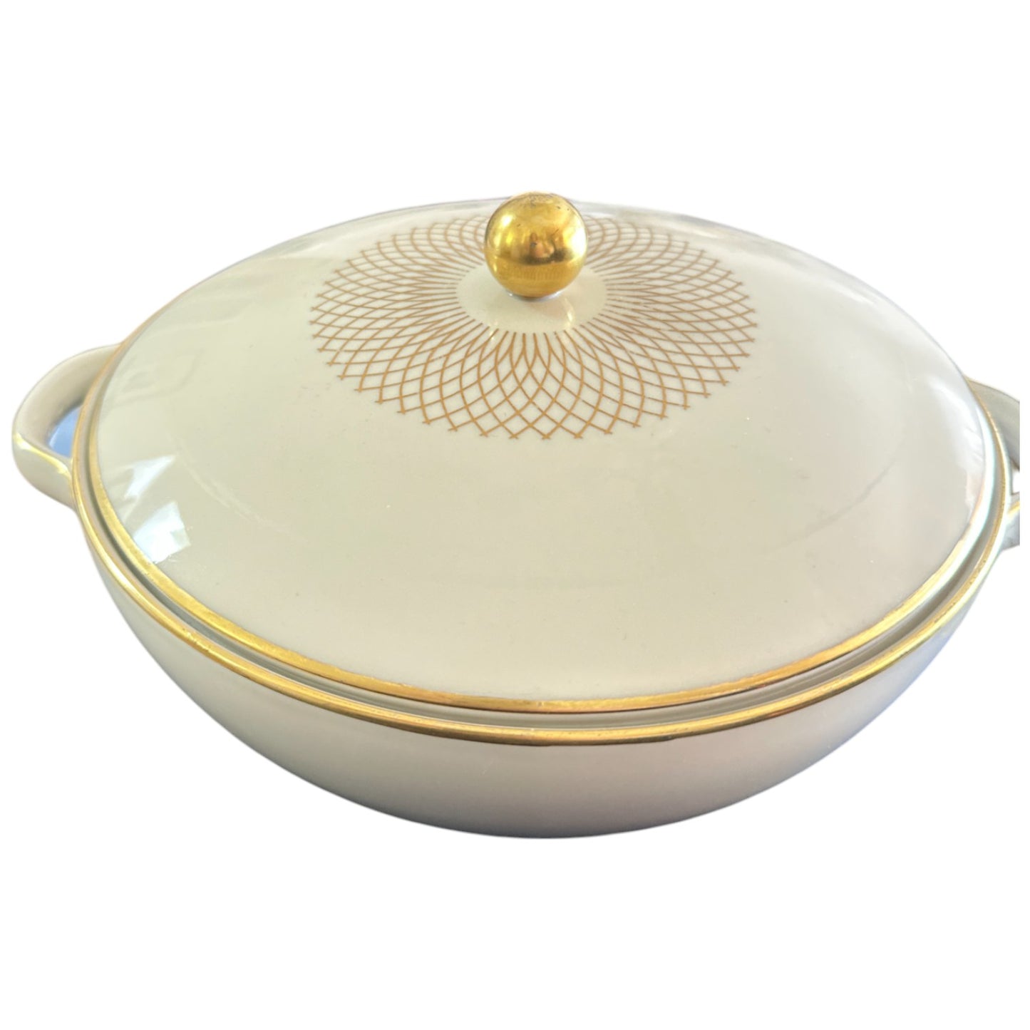 Gold Rimmed Round Covered Serving Dish with Handles