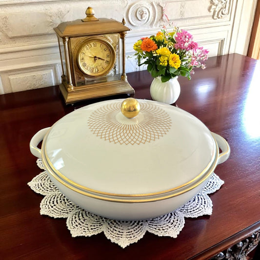 Gold Rimmed Round Covered Serving Dish with Handles