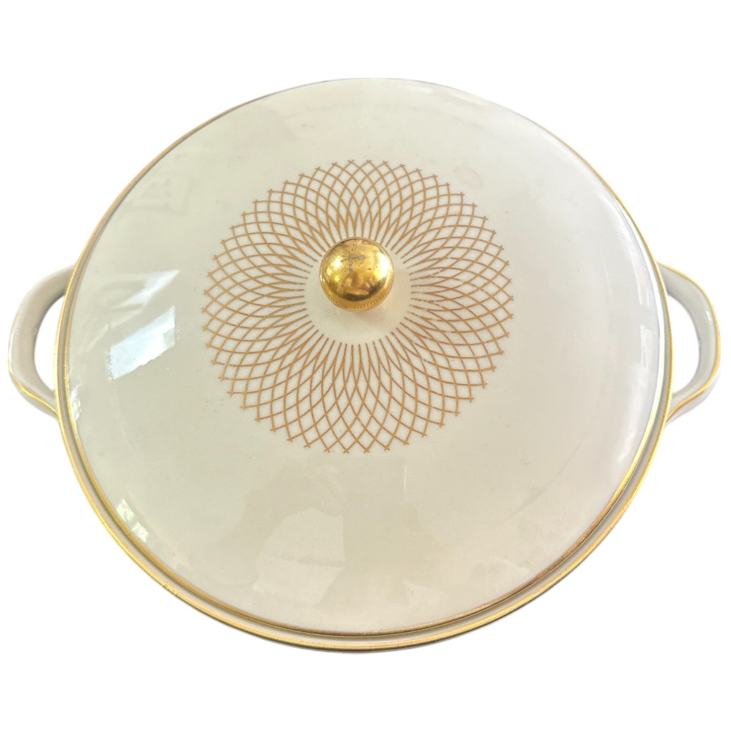 Gold Rimmed Round Covered Serving Dish with Handles