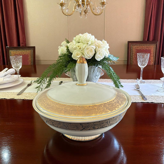 Ornate Gold-Rimmed Covered Serving Bowl