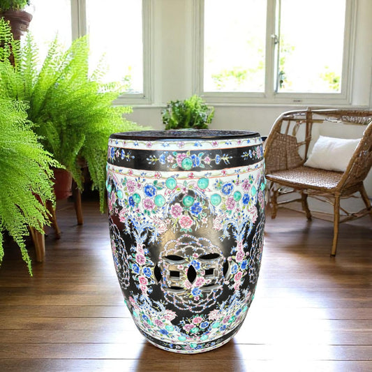 Black Floral Chinese Garden Stool