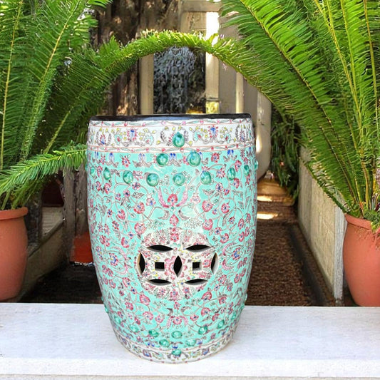 Aqua Floral Chinese Garden Stool