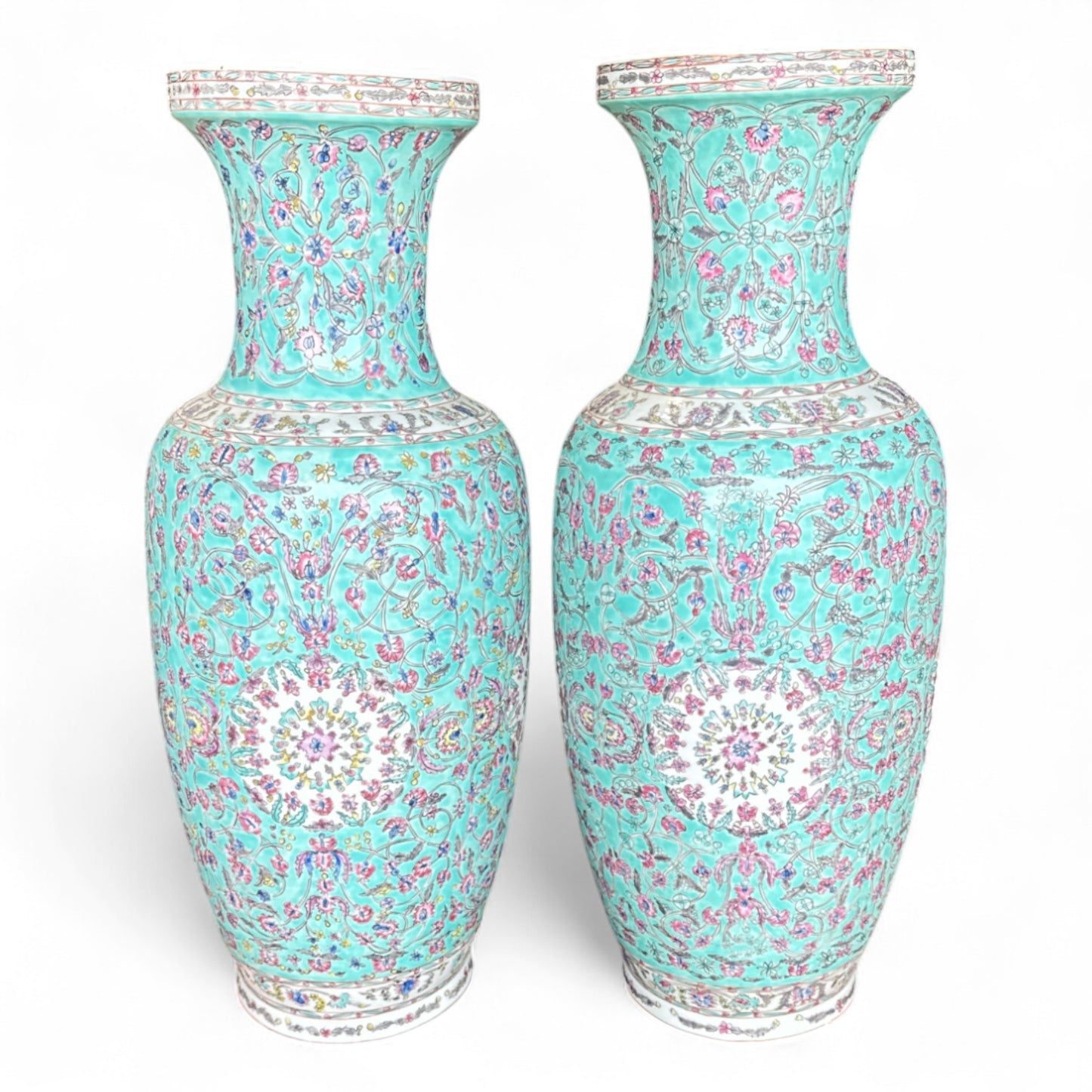 Pair of Large Aqua Floral Vases