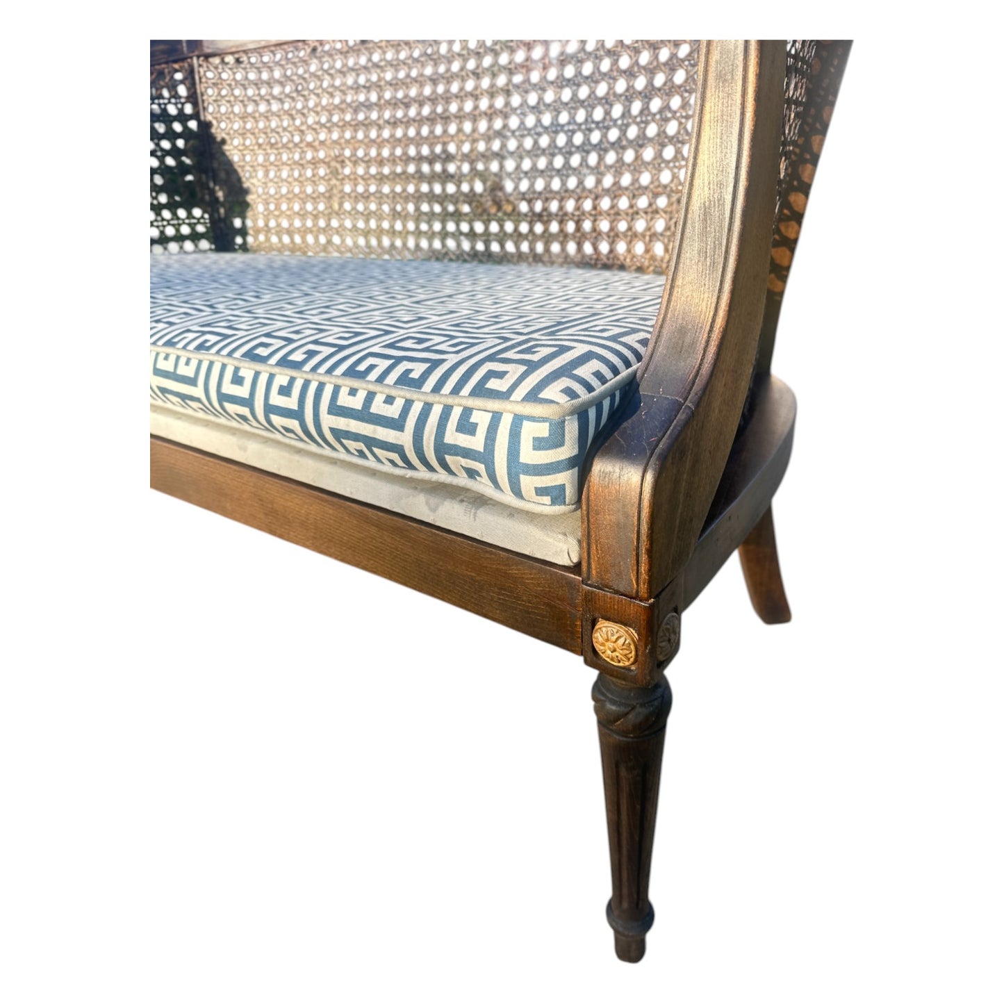 Vintage Caned Settee with Greek Key Cushion