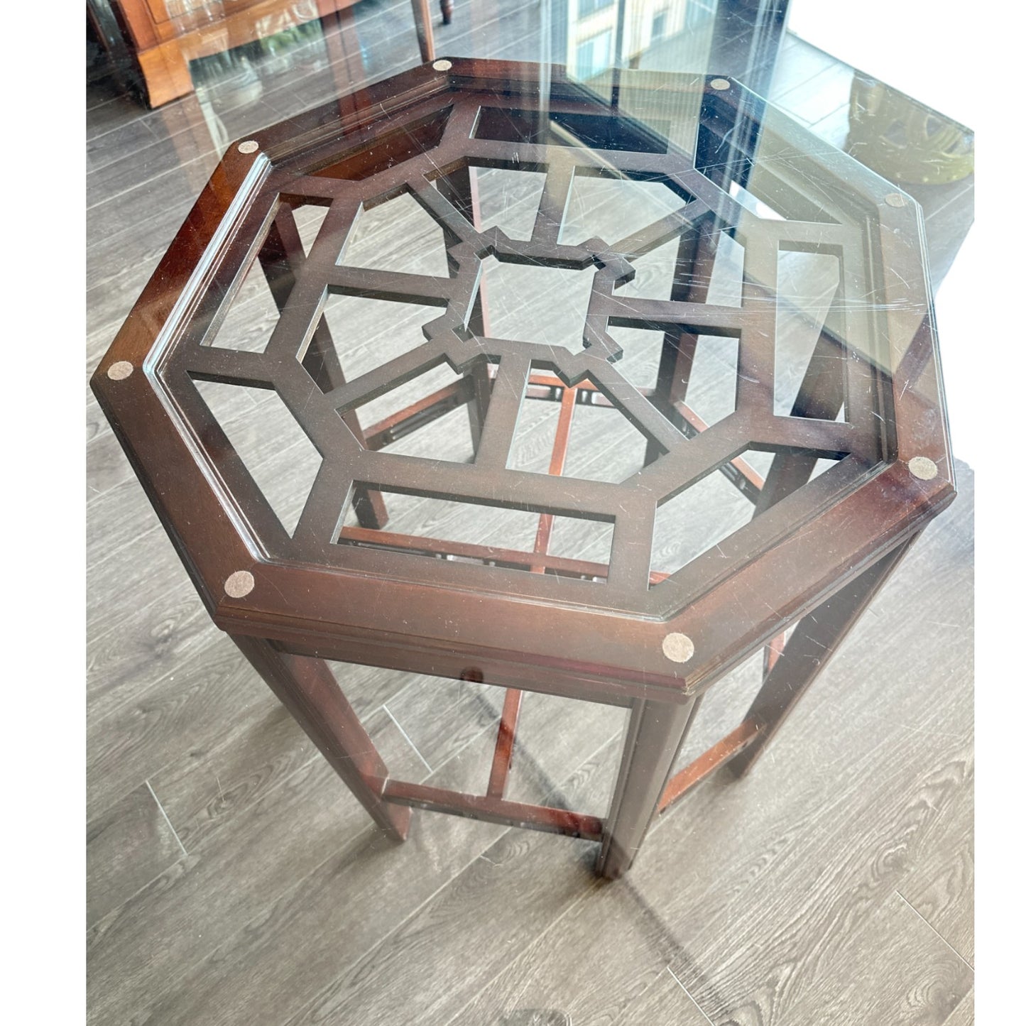 Chinoiserie Round Glass Dining Table with Octagonal Base