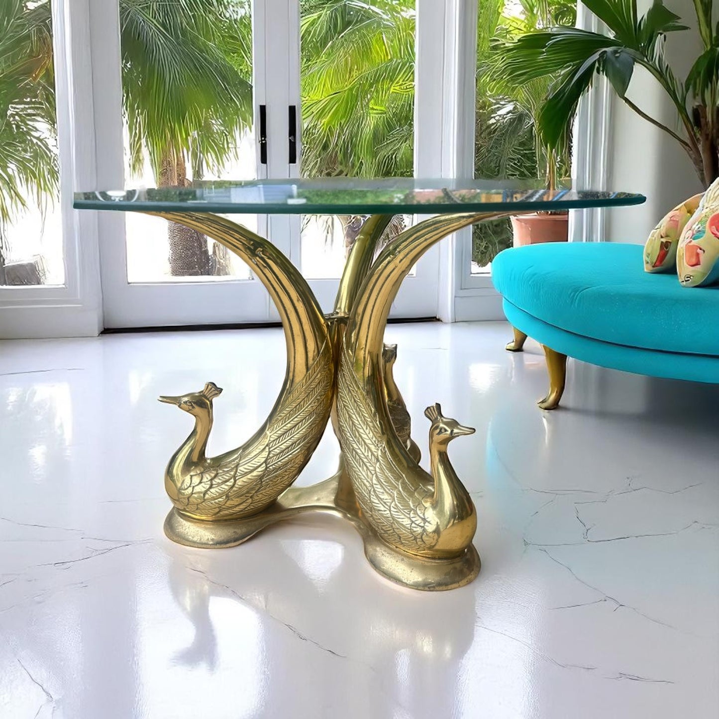 Brass Peacock Coffee/Side Table- Hollywood Regency Style