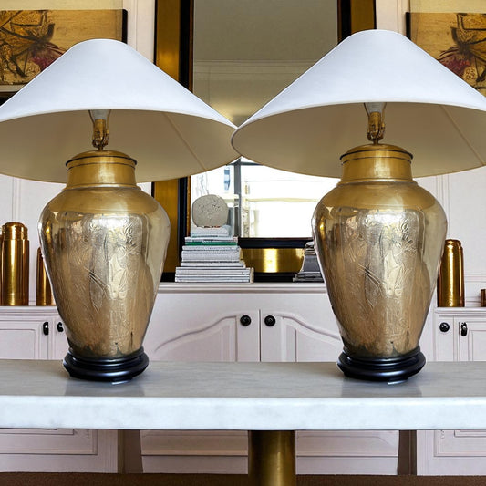 Pair of Antique Large Urn-Style Etched Brass Lamps