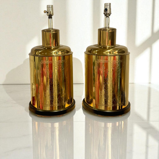 Pair of Engraved Tin Brass Lamps