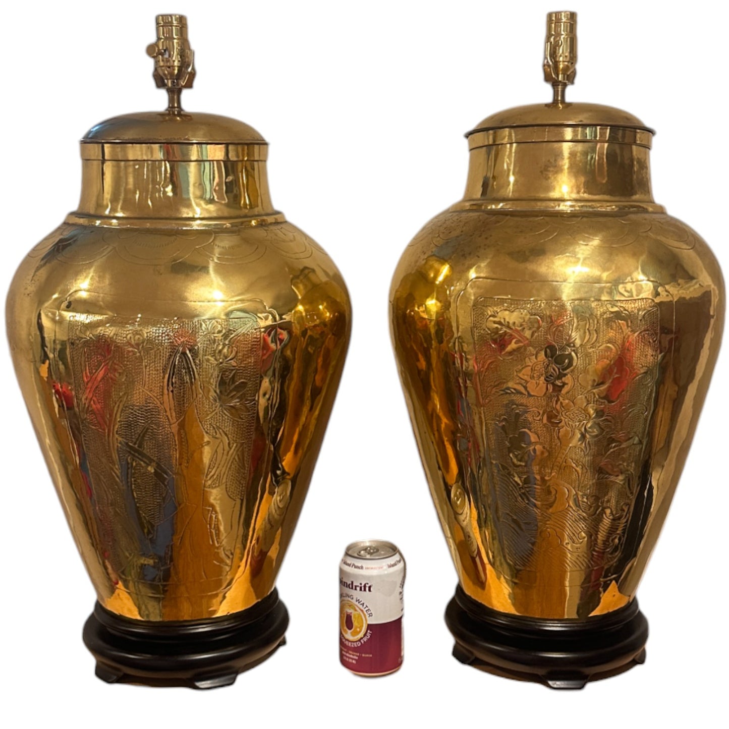 Pair of Antique Large Urn-Style Etched Brass Lamps