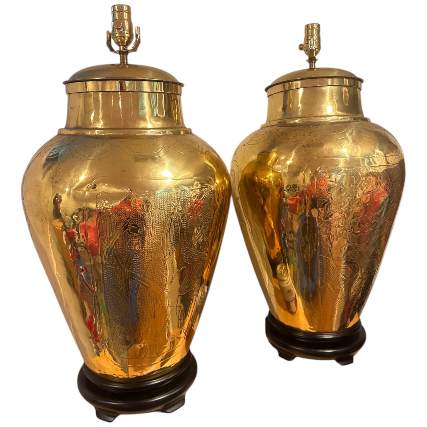 Pair of Antique Large Urn-Style Etched Brass Lamps