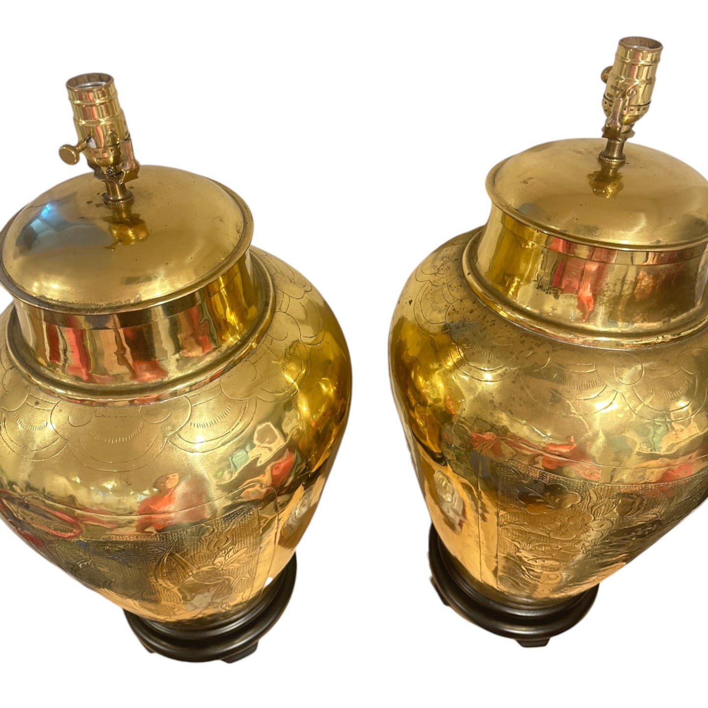 Pair of Antique Large Urn-Style Etched Brass Lamps