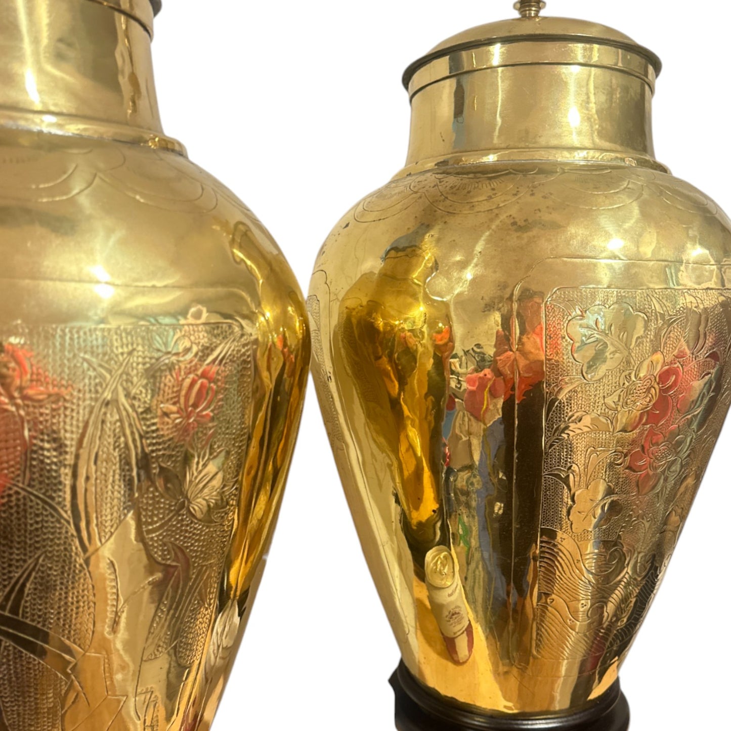 Pair of Antique Large Urn-Style Etched Brass Lamps