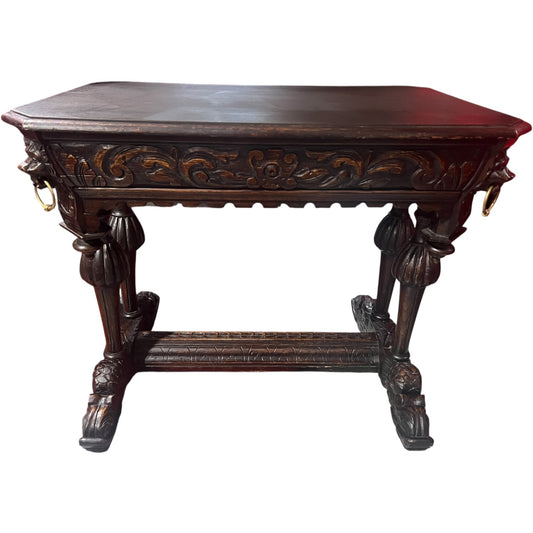 Antique Renaissance Revival “Dolphin” Console Table with Carved Lion Heads