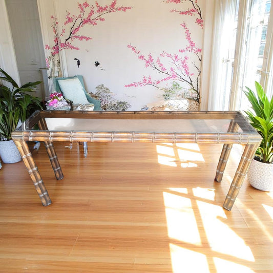 Chunky Faux Bamboo Glass Top Console Table