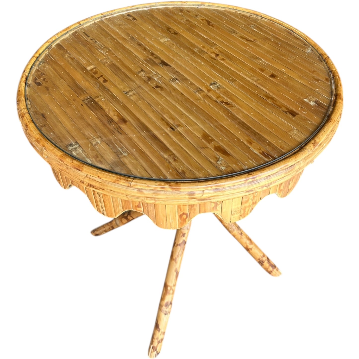 Vintage Bamboo Scalloped Skirt Table with Glass Top