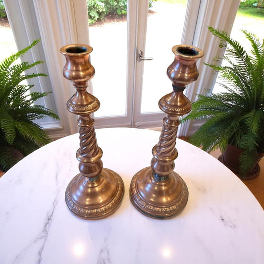 Pair of Large Copper Twisted Candlesticks