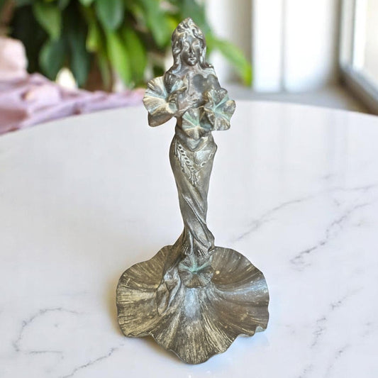 French Art Nouveau Lady with Flowers Bronze Sculpture by E. Villanis