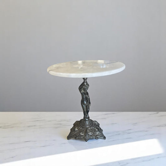 Marble-Top Pedestal Table with Figural Metal Base