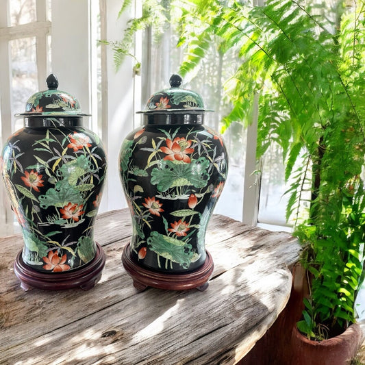 Pair of Famille Noire Chinese Temple Jars