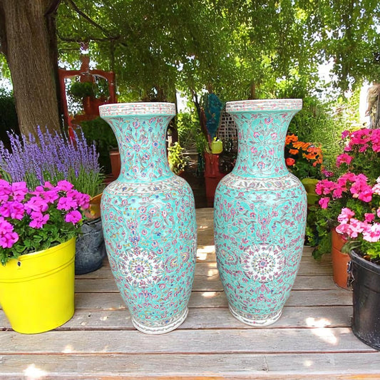 Pair of Large Aqua Floral Vases