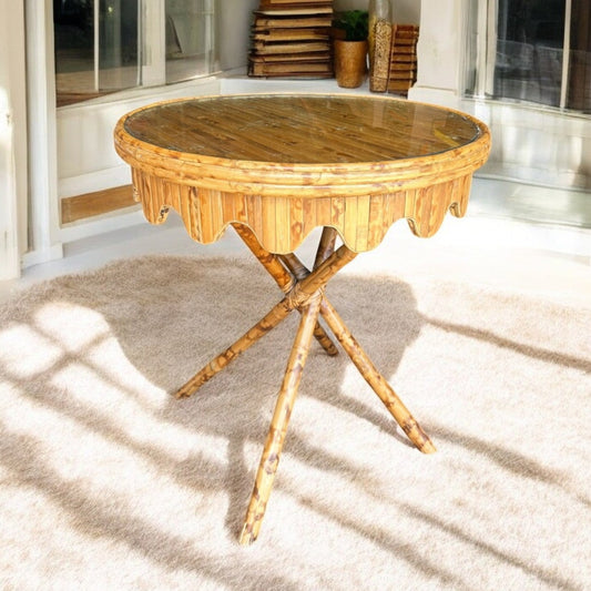 Vintage Bamboo Scalloped Skirt Table with Glass Top