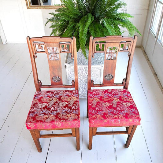 Pair of Chinese Carved Wood Chairs with Red Silk Brocade Upholstery