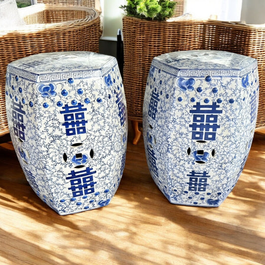 Pair of Blue and White Double Happiness Garden Stools